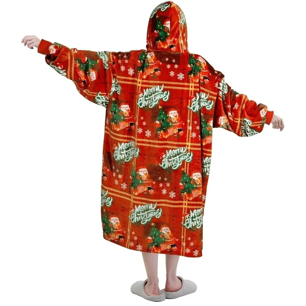 Christmas Oversized Flannel Wearable Blanket Hoodie for Adults, One Size